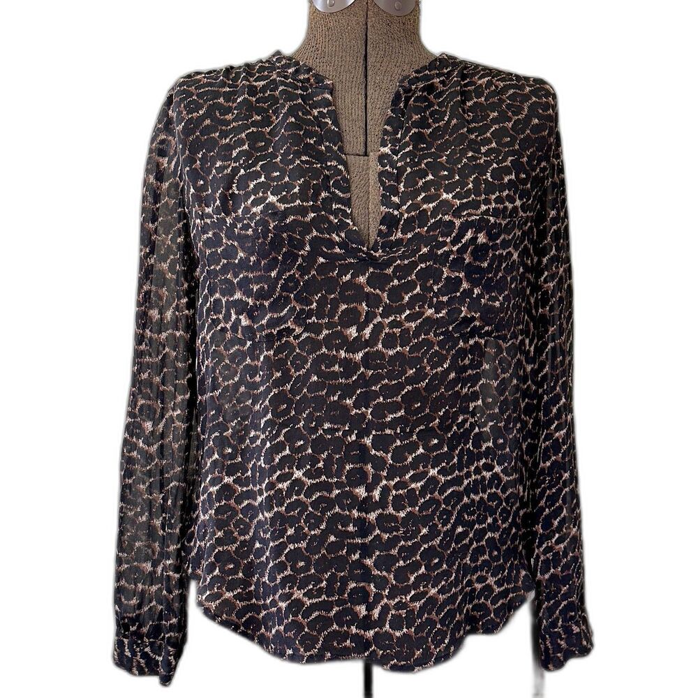 Joie 100% Silk Leopard Print Blouse Small Sheer Long Sleeve Pocket Top